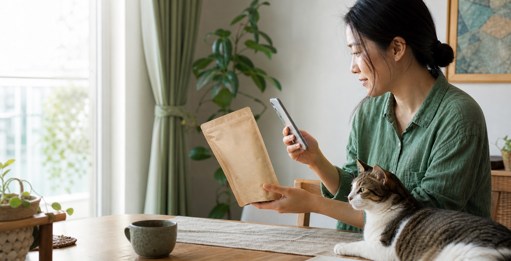 飼主用手機查看一包沒有品牌文字的寵物食品，貓咪坐在一旁